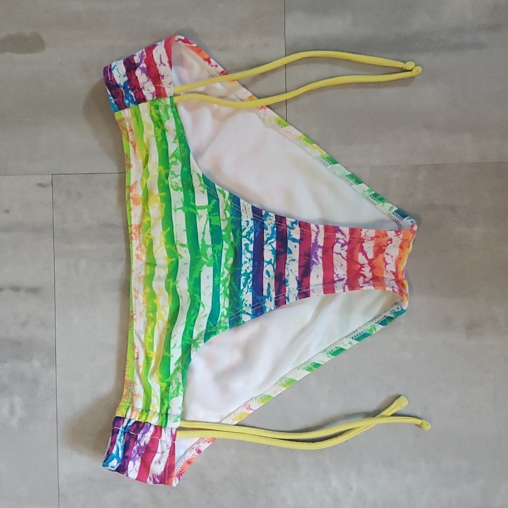 Mocean Juniors Bikini Bottom; Rainbow Stripes & Splatter; Size Medium